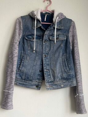 Free People Blue Denim Jacket with Heather Gray Hoodie Sleeves
